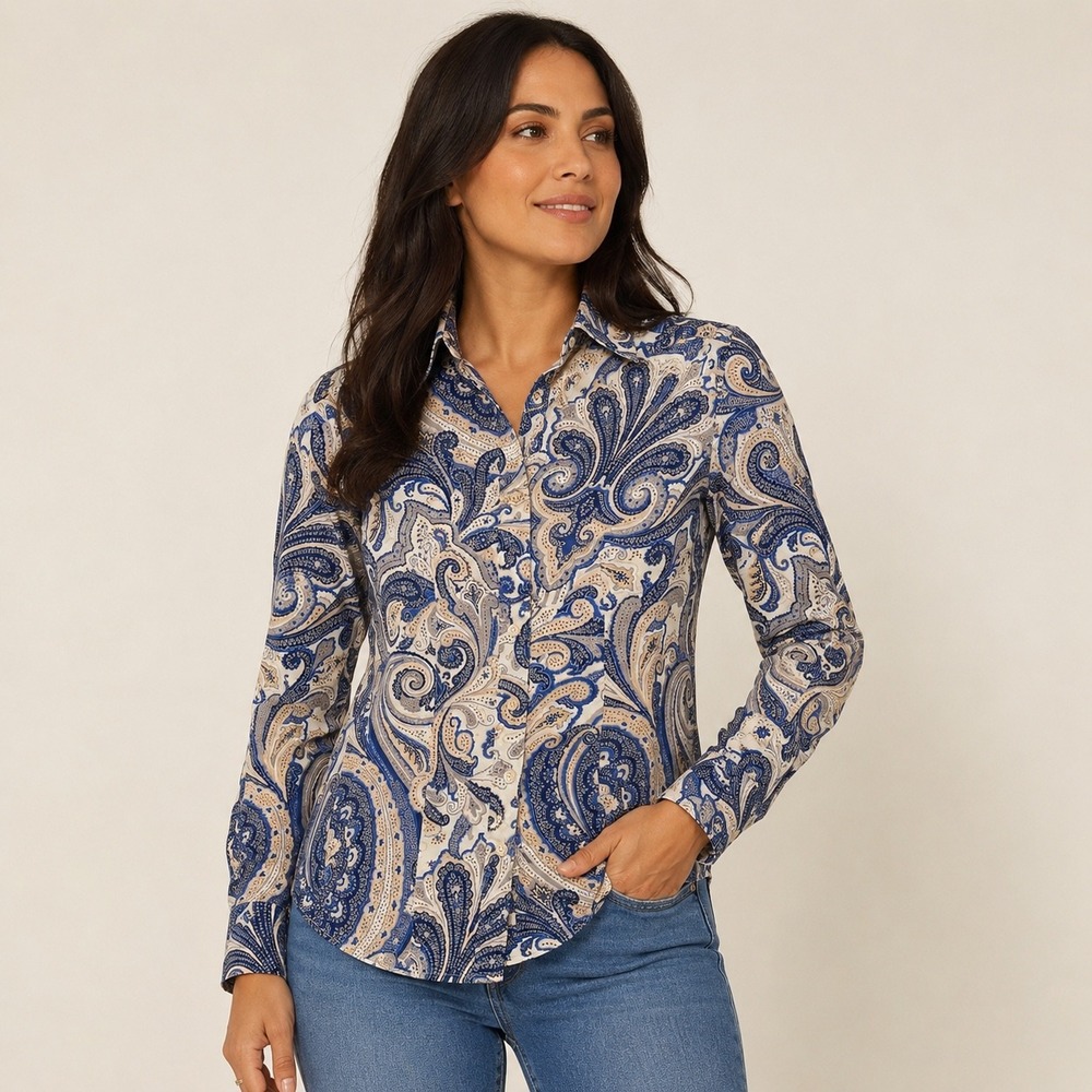 CALIBAN Button-Up Shirt Size 40(S/4) Blue Paisley Italian Rue De Mathieu Edition